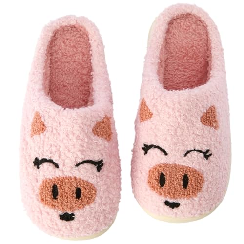 MISS SPARKLING Womens Plush Indoor House Slippers with Memory Foam Warm Cozy Winter Home Shoes Non Slip Comfy Bedroom Footwear PIG M