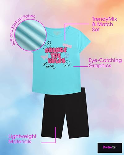 Image of Dreamstar Girls Bike Short Set - 6 Piece Graphic Tee Shirts and Athletic Performance Bike Shorts for Girls Activewear Set