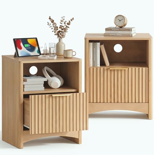 Image of Marsail Fluted Nightstand Set of 2, Wooden Nightstands with Drawers, Modern Bedside Table with Charging Station and Storage, End Table with Storage Side Table for Bedroom, Oak