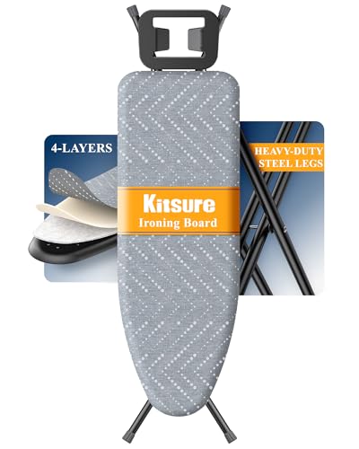 Kitsure Folding Ironing Board - Height Adjustable Iron Board in Full Size, Wobble-Free & Heavy-Duty Ironing Board with Cover and Pad for Heat Resistance, Grey, 43' L x 13' W x 35.8' H