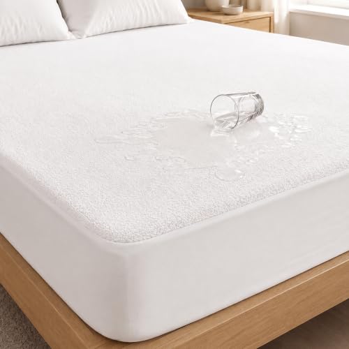 Image of Lukzer Waterproof Mattress Protector White Queen Size 72 x 60 Inches (6 x 5 ft) Ultra Soft Terry Cotton Feel Fabric with Elastic Skirting Hypoallergenic and Breathable Mattress Cover