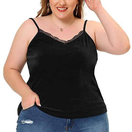 Agnes Orinda Plus Size Tops for Women Sexy V Neck Velvet Lace Trim Cami Tank Tops 4X Black