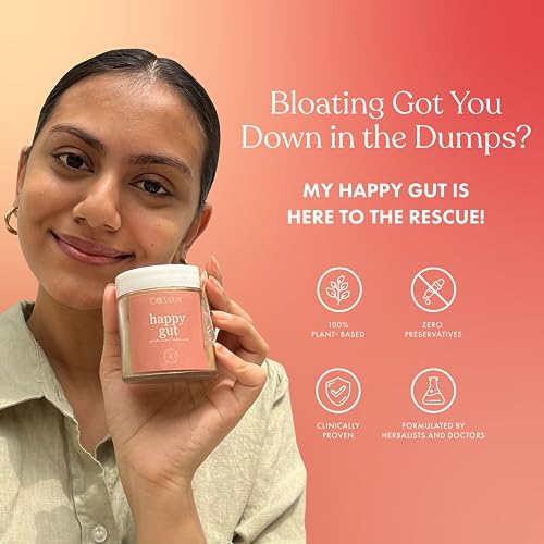 Cosmix My Happy Gut|Prebiotics&Probiotics-Promotes Healthy Gut Microbiome|Mulethi&Triphala Powder|Helps With Acidity,Digestion&Bloating|No Preservatives|No Added Sugar|60G-40 Servings (40 days Pack)