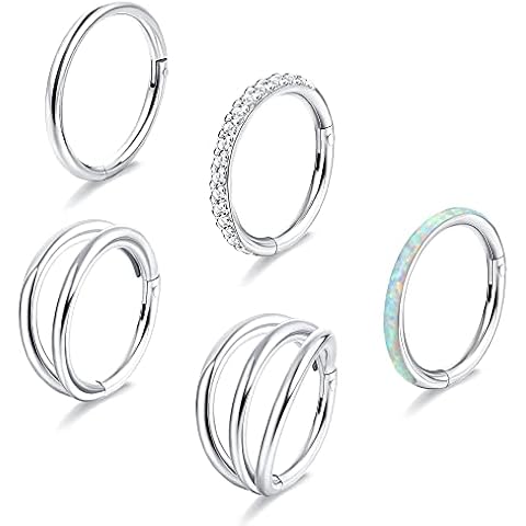 Diamday 18G 16G Nose Rings Hoop for Women Men 316L Surgical Steel CZ Opal Hinged Lip Nose Rings Daith Cartilage Hoop Earrings Clicker Septum Piercing Jewelry 8mm 10mm 4 Cover