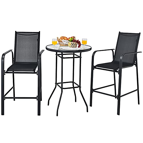 HAPPYGRILL 3-Piece Patio Bar Set Outdoor High Top Bistro Set with 2 Bar Stools and 1 Tempered Glass Top Table