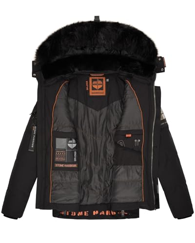 STONE HARBOUR Herren Winterjacke mit Kapuze Winter Fellkragen Steppjacke B734 [B734 - Schwarz - Kunstfell Schwarz - Größe XXL - Gr. 2XL]