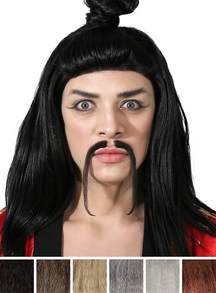 Baffi Fu Manchu – Master Lee – Nero – barba professionale con percentuale di capelli umani – travestimento accessorio Carnevale (con adesivo per la pelle)