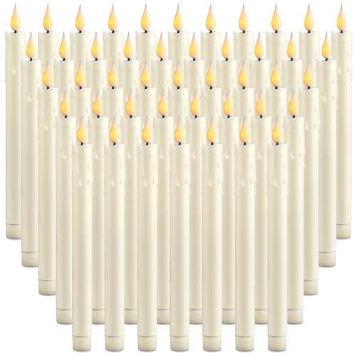 Image of Baquler 48 Pcs 10 inch Ivory Flameless Taper Candle LED Sticks Battery Operated | Candle Sticks Bulk, No Battery, Flickering LED Candlestick, Window Wedding Halloween Christmas Decor, Plastic