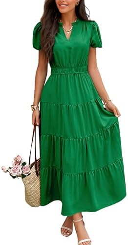 ECOWISH Womens Midi Dress Summer Spring Short Sleeve Button Front Casual A Line Maxi Shirt Dresses with V Neck Pockets 2025