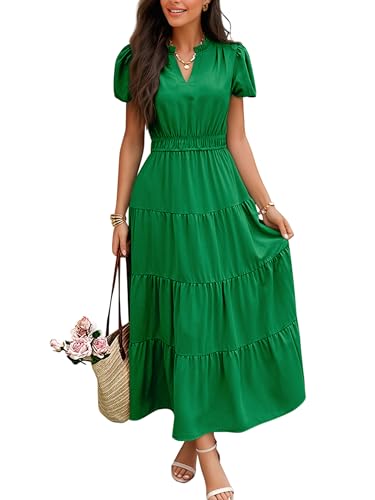 Image of ECOWISH Summer Maxi Dress for Women Casual Flowy V Neck Short Sleeve A Line Empire Waist Tiered Long Dresses with Pockets