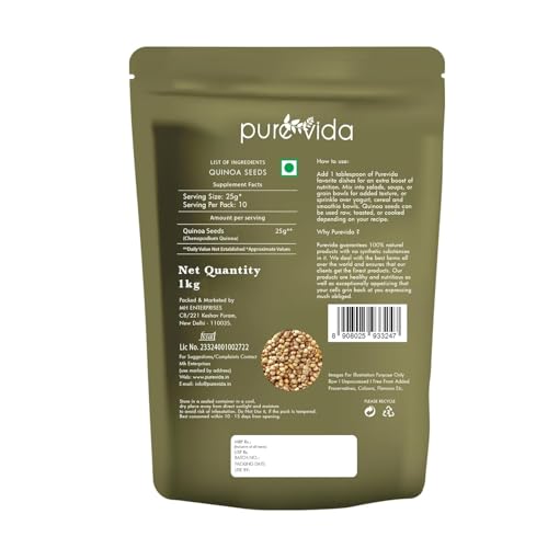 Image of Purevida Premium Quinoa Seeds 1Kg | 100% Wholegrain Superfood | High in Protein, Fiber & Essential Nutrients | Gluten-Free Ideal for Weight Management | Perfect for Salads, Breakfast & Healthy Meals