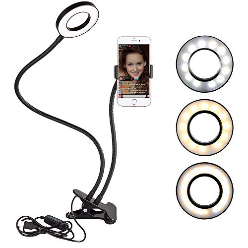 GRH - Anillo de luz LED de 8 pulgadas para selfie, soporte de teléfono para Live Stream Makeup, 3 modos de luz de 10 niveles de brillo giratorio 360 para estudio fotográfico