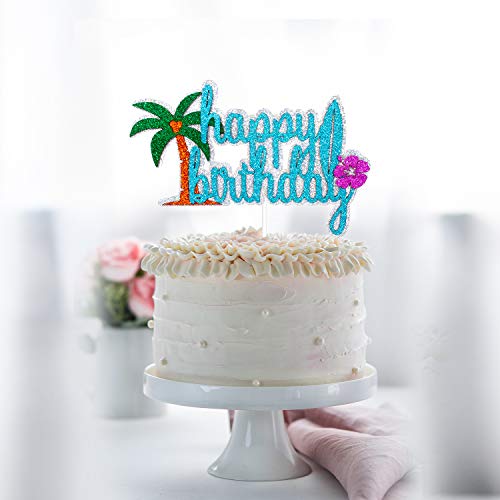 Hawaii Birthday Cake Topper - Tropical Hawaiian Luau Party Glitter Palm Tree Cake Topper Supplies - Summer Holidays Cake Topper Party Decorations #TOP1