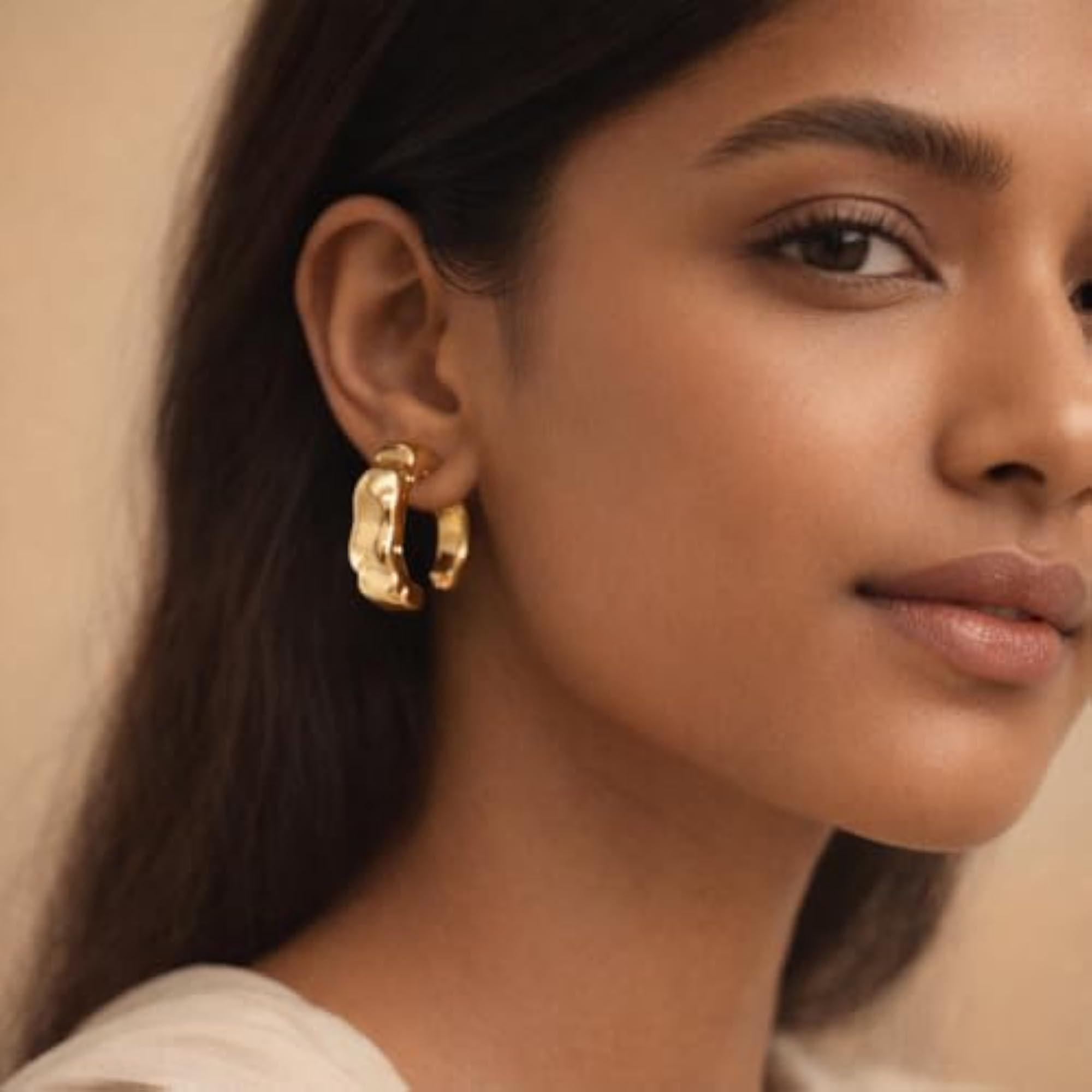 Women's Gold Hammered Half Hoop Stud Earrings