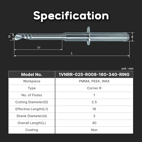 Image of HANSONG Milling Burs 2.5mm - VHF CAD /CAM Compatible (K5, R5, S1, S2) - Designed for PMMA, PEEK, Wax - 3mm Shank, Corner R, 1-Flute End Mill