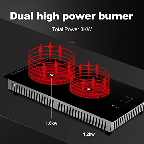 12 Inch Electric Cooktop 3000W Electric Radiant Cooktop 2 Burners Ceramic Cooktop Smooth Surface With Touch Sensor Control Child Safety Lock,Timer, 9 Heating Level,240V Smooth Tempered Glass Surface #TOP3