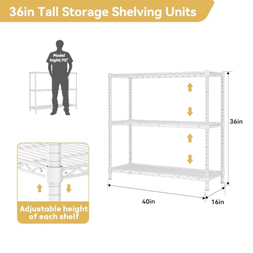 Image of ROOMTEC 3-Tier Heavy Duty Wire Shelving Unit, 40 inch W x 16 inch D x 36 inch H Garage Shelving, 1200 lbs Total Capacity Adjustable Storage Rack, Metal Shelf for Kitchen, Pantry, Laundry Room, Basement