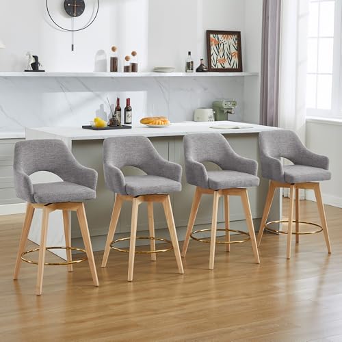 Image of Zesthouse Swivel Counter Stools Set of 6, Wooden Counter Height Bar Stools | 26 inch Farmhouse Counter Stools with Back & Arm, Upholstered Linen Fabric Barstool with Solid Wood Leg, Grey Island High Chairs
