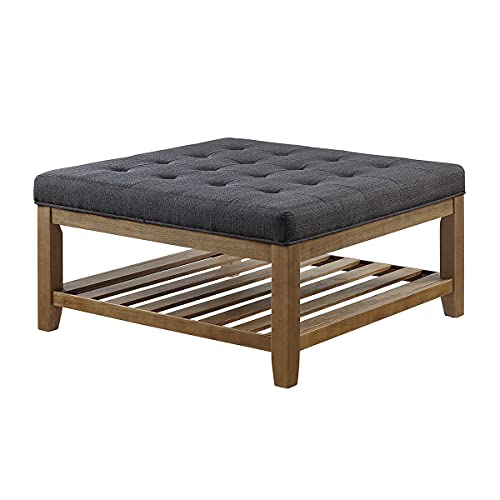 24Kf Large Square Upholstered Tufted Linen Ottoman Coffee Table, Large Footrest Ottoman With Solid Wood Shelf- Charcoal #TOP2