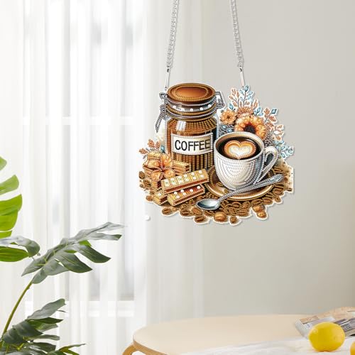 Image of Diamond Art Painting Pendant Kits with Hanging Chain 5D Diamond Art Hanging Kit DIY Diamond Crystal Window Door Hanging Pendant Kit for Adults Gift Wall Home Christmas Decoration 25.2x23.3 cm, Coffee