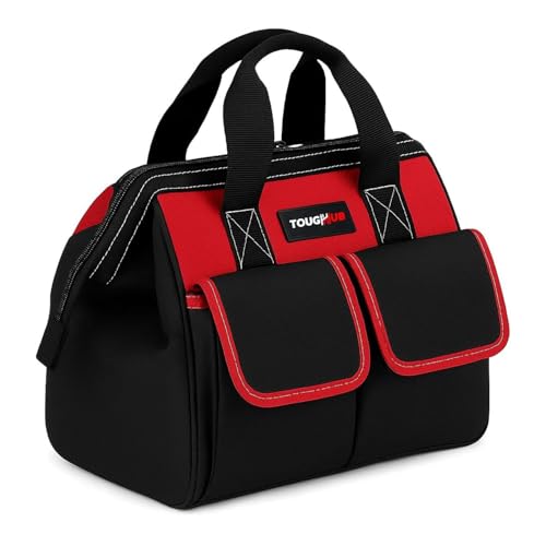 ToughHub Heavy Duty Waterproof Tool Bag 12 Inch Wide Mouth Tool Organiser with 5 Pockets Double-Stitched 1680D Fabric Compact Tool Tote for Electricians Plumbers & DIY