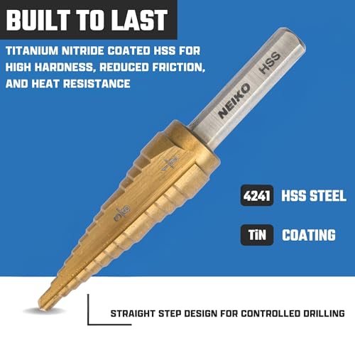 Image of NEIKO 10614A Step Drill Bit, 2 Steps 3 /8 inch to 1 /2 inch Straight High Speed Steel, Titanium Nitride Coated, 1 /4 inch Tri Flat Step Bits for Steel, Metal, Wood, Plastic, Unibit Cone Drill Bits, Two Flute