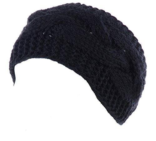 BYOS Womens Fashion Winter Cable Crochet Knit Headband With Adjustable Button (Black)