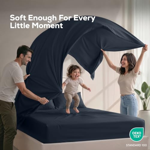 Image of California King Size Sheet Set - 4 Piece Bed Sheets, Soft and Breathable Microfiber, Includes 1 Fitted Sheet, 1 Flat Sheet and 2 Pillowcases - Oeko Tex (Navy)