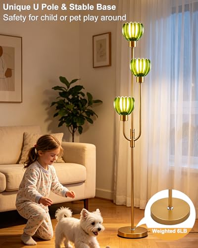 Image of 3-Lights Modern Glass Floor Lamp Gold Dimmable Floor Lamps with 3000K Warm White Bulbs for Wedding Party 66IN Tall Standing Lamp with Green Glass Shade for Living Room /Bedroom /Girls Room