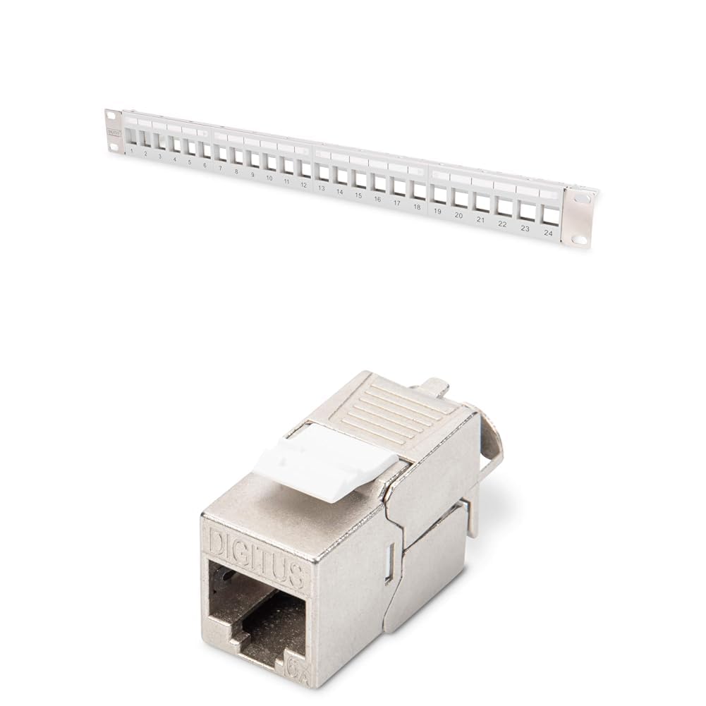 DIGITUS Set: Panneau de Brassage - Modulaire - 19 Pouces - 24 Ports - Blindé - Montage en Rack 1U - Gris - avec 12x Module Keystone Cat6A