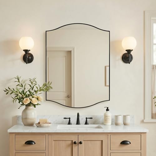 Image of ANDY STAR Scalloped Bathroom Mirror,24 inchx32 inch Black Rectangle Wall Mirror with Curved Edge Stainless Steel Metal Frame, Irregular Vanity Wall-Mounted Mirror for Bathroom, Entryway