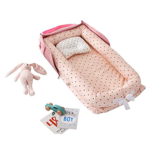 Apaeoflベビーベッド 収納可能な新生児バイオニック子宮ベッドベッド形ピローボックスベビーベッド枕付き ベッドインベッド 折りたたみ式 携帯型ベビーベッド 添い寝 ポータブル 出産祝い 通気性洗濯可能 0-24ヶ月 グレー (バッグ ファン 水玉模様,