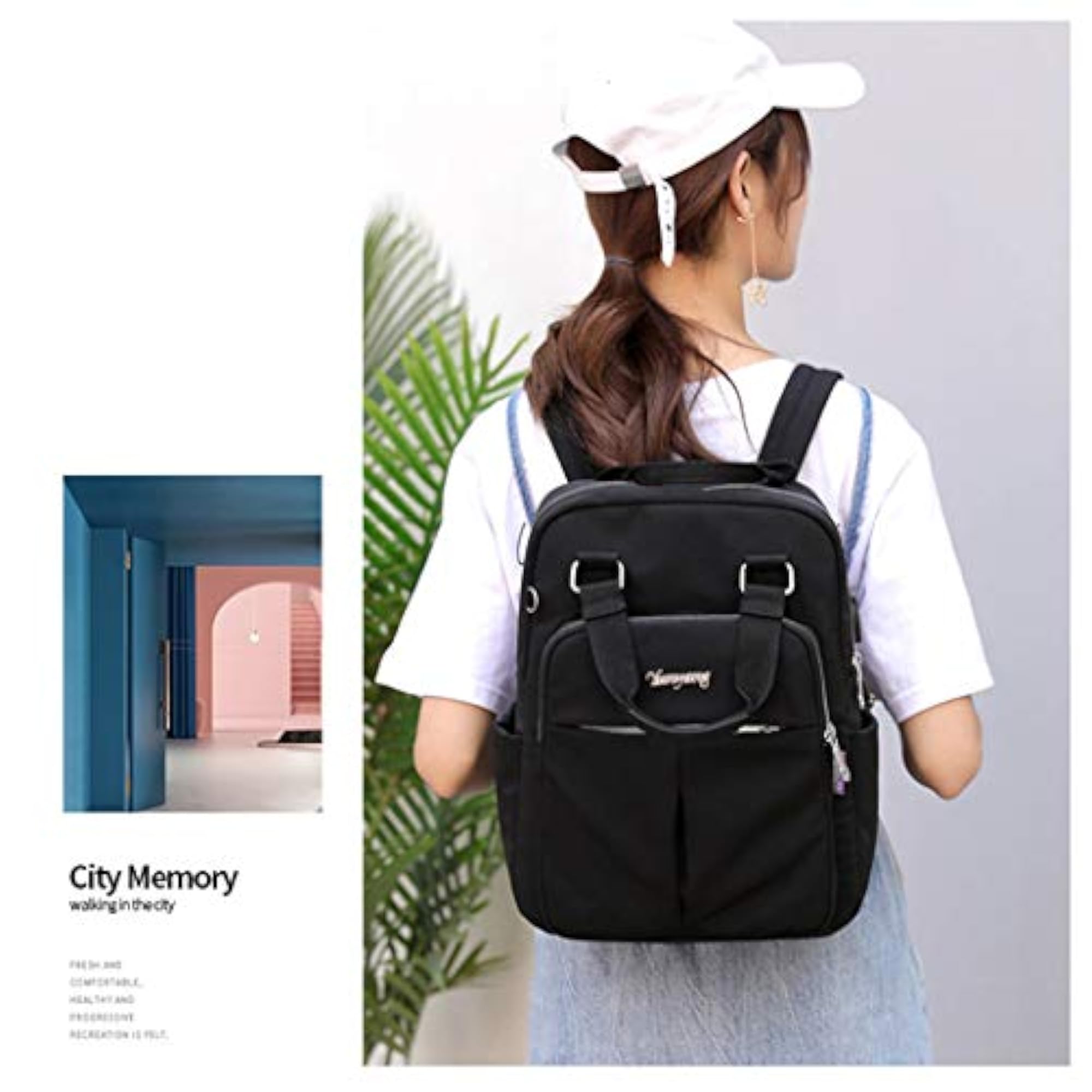 Women Large Capacity Solid Color USB Backpack for School