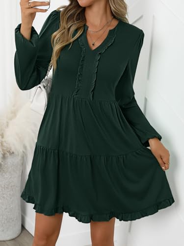 ANRABESS Womens Long Sleeve Dress 2025 Fall Casual V Neck Tiered Flowy Swing Short Mini Dresses Beach Travel Vacation Outfits2