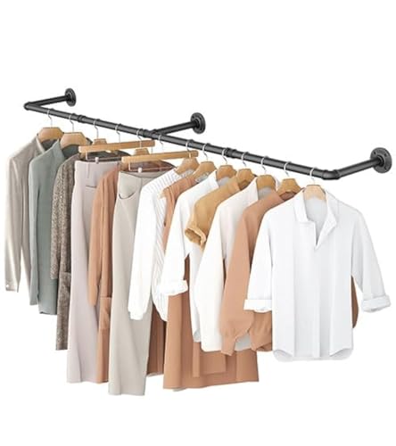 OROPY Industrial Pipe Clothes Rail, 167cm Wall Mounted Detachable Retro Metal Clothing Rail for Hanging Clothes, Heavy Duty Clothes Rail for Bedroom Storage, Black (3 Base)