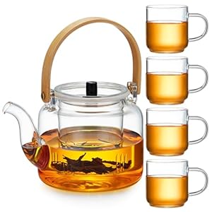 Glass Teapot Set, 37OZ/1100ML Glass Tea Kettle with 4 Double Wall Teacups, Tea Pot with Infusers for Loose Tea, Stovetop & Microwave Safe Tea Maker