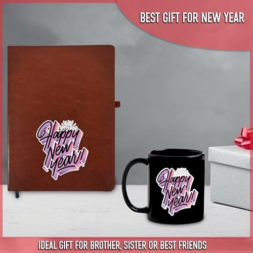 Image of SAVRI New Year Gift Hamper - Leather Diary and Black Patch Mug with Happy New Year Quote - Ideal Gifts for Employees, Corporate Use, Men, Women, Teachers, College, and School (Brown)