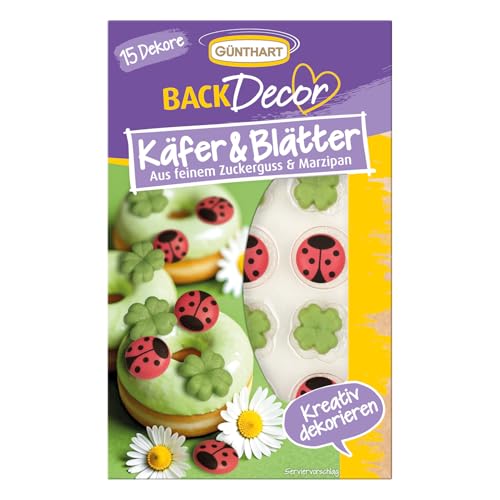 Günthart BackDecor 15 Stück Zuckerdekore Käfer und Kleeblätter aus Zucker und Marzipan essbar 1er Set (12 gr)