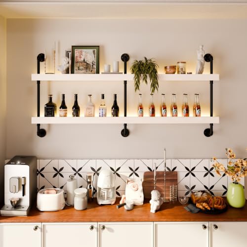 Image of Bar Shelves, Wall Mounted Wine Rack, White, 60 Inch | 2 Tier, Industrial, Solid pine shelves, black pipe brackets, 70 lbs per shelf, wine, liquor, bar decor, with LED light