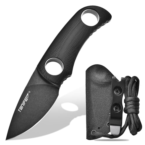 TONIFE Runer Fixed Neck Knife with Scabbard and Lanyard 1.85'' Full Tang Blade Edc Knife Neck Knife for Outdoor (Black+Black Oxide then Stonewash)