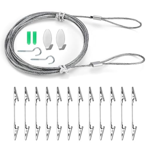 Fotoseil mit Klammern, Fotodrahtseil mit 12 Stück Doppel Krokodilklemmen 1,5m X 1,8mm Fotoleine Fotokette Stahlseil mit Ösen und Haken zum Fotos, Malereikarten und Kinderzeichnungen Aufzuhängen