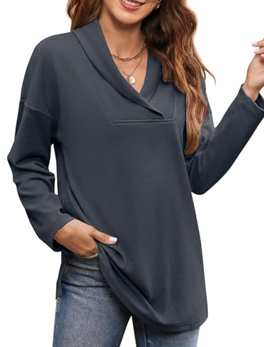 Image of Women's Long Sleeve Tops Fall Shawl Neck Tunic Tops for Leggings Casual Blouse Sweatshirt