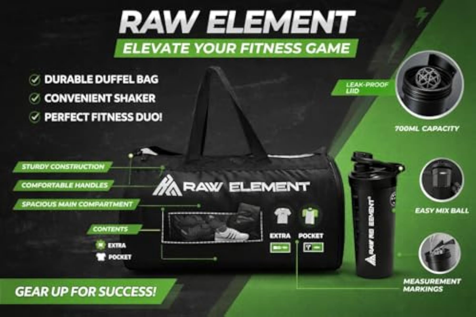 Gym Bag with Wrist Wraps & Shaker Bottle Combo