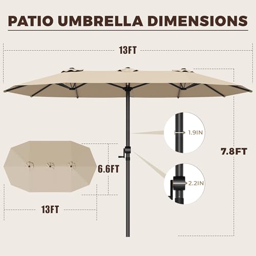 GDPFN 13FT Large Patio Umbrella, Outdoor Deck Standing Umbrella with Crank Handle, Double-Side Rectangular Pool Umbrella for Outside, Market, Patio, Beige (Base Not Include) by GDPFN - Used condition - Image 3