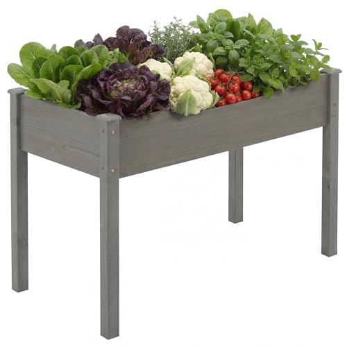 Image of DUMOS Raised Garden Bed 48x24x30 Inch, Outdoor Planter Box with Legs, Elevated Wood Garden Bed with Liner for Herbs Flowers Vegetables, Wooden Planter Box for Patio, Balcony and Backyard, Grey