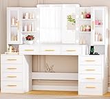 【Coiffeuse à 11 tiroirs】 Cette coiffeuse avec rangement comprend 11 tiroirs, 6 étagères ouvertes, 2 Placards avec Portes et un grand plateau en verre, vous aidant à organiser facilement vos cosmétiques, bijoux et produits de soin de la peau. Dimensions hors tout de la meuble coiffeuse : 160 x 40 x 145 cm. Fabriquée à partir de matériaux robustes, avec des pieds de table et de banc solides, et des glissières de tiroirs haut de gamme et silencieuses. Tous vos produits de maquillage et de soins de la peau peuvent être triés et rangés soigneusement dans cette coiffeuse