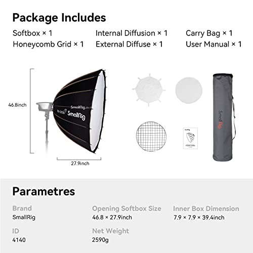 SMALLRIG Softbox Parabólico, Softbox de Liberación Rápida 47,2Pulgadas/120cm, Compatible con RC 120D/RC 120B/RC 220D/RC 220B/RC 350D/ RC 350B/RC 450D/RC 450B y Otras Luces de Montaje Bowens-4140 - imagen 7