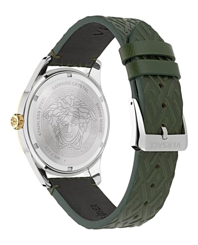 Versace Greca Time GMT Collection Luxury Mens Watch Timepieces with a Green Strap Featuring a Two Tone Case and a Silver Dial3