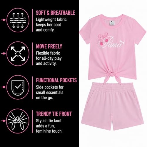 Image of PUMA Girls Athletic Shorts Set - 2 Piece Active Performance TShirt and Gym Bike Kids Shorts Girls Activewear Set (7-14)