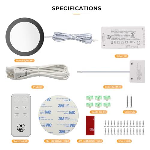 Image of VST Under Cabinet Mini Panel Lighting 3.94inch 12V 2.5W(Total 15W) with Wireless Dimmer Switch, Surface Mount Puck Light for Kitchen Van Truck Car Galley Downlight 6Pack(Round 2700K-6500K)